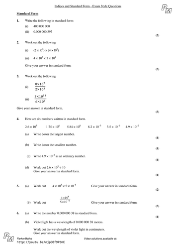 Indices and Standard Form - Higher GCSE - Exam Style Questions