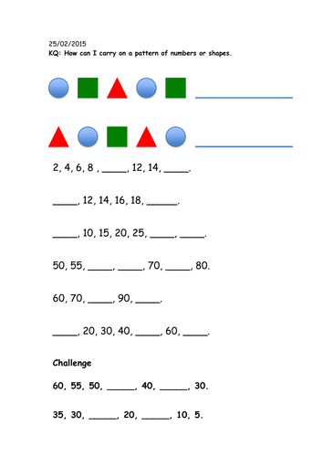 Year 1; number and shape patterns