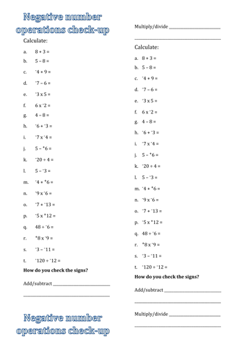 Negative number operations check-up