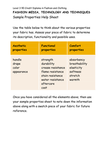 Fabric Properties Worksheet and Help sheet