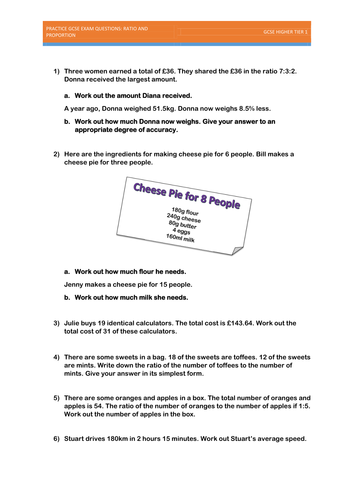 Gcse Practice Exam Questions Ratio And Proportion Teaching Resources