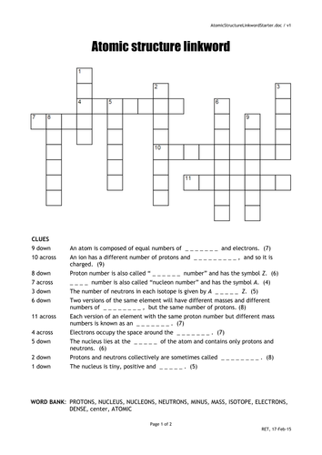 Atomic Structure crossword quick starter activity Teaching Resources