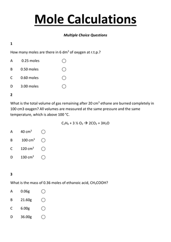 Mole Calculations MCQs with Answers | Teaching Resources