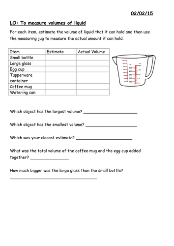 year 3 measuring capacity of liquids worksheet teaching resources