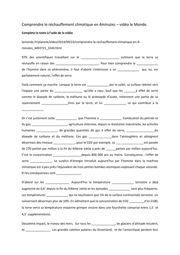 Y13 A2 Global warming - rechauffement climatique comprehension