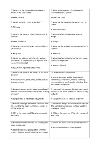 Question and Answer Cards Topic 9J KS3