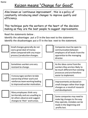 Unit 1 BTEC Level 2 Engineering - Kaizen worksheet