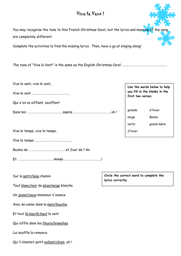Vive le Vent Worksheet