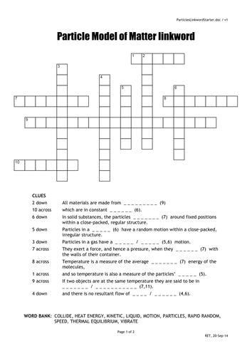 Particles crossword quick starter activity | Teaching Resources