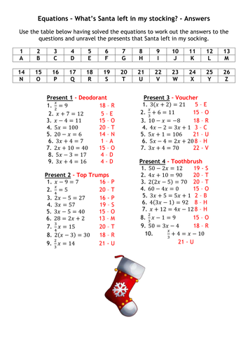 What's In My Stocking? Solving Equations Task