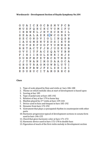 Haydn Symphony No.104 - Development wordsearch | Teaching Resources