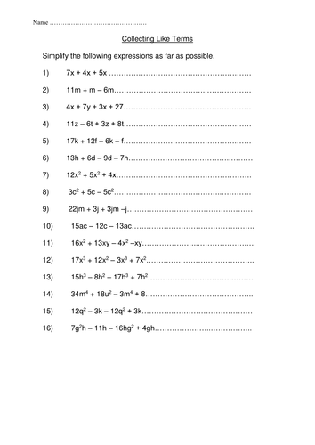 Collecting like terms with powers | Teaching Resources