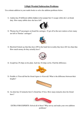 2 Digit Worded Subtraction Problems