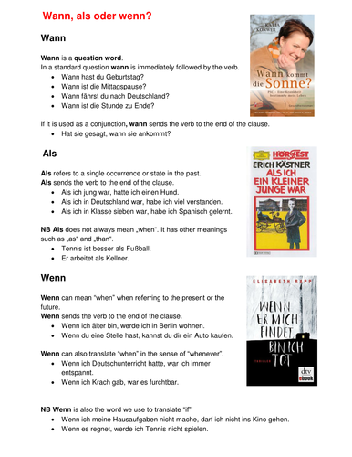 Wann Als Or Wenn How Do You Say When In German Teaching Resources
