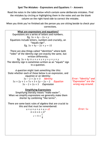 Spot The Mistakes - Expressions and Equations