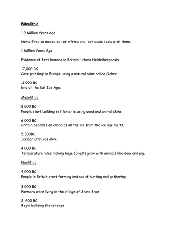 Stone Age Timeline of events