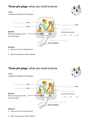 3 Pin Plug Work Sheet Teaching Resources