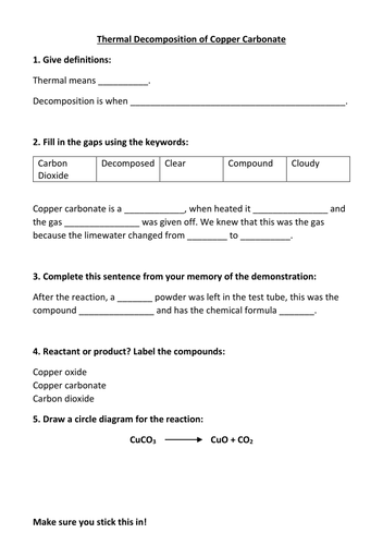 Thermal decomposition worksheet Yr7
