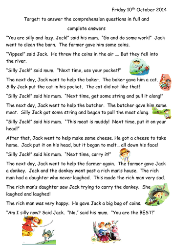 Silly Silly Jack Comprehension Activity | Teaching Resources