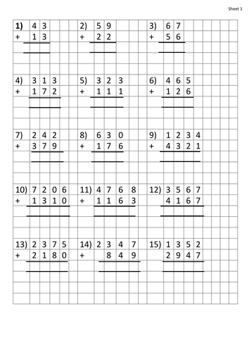 column addition worksheets 2 digit to 4 digit teaching resources