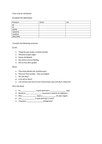 ser tener worksheet | Teaching Resources