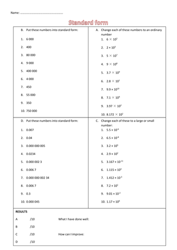 Standard Form Worksheet With Answers Tes