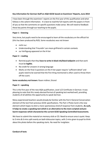 AQA IGCSE Germa 2014 Examiners' Reports Summarized