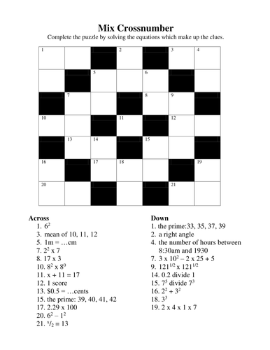 Cross Number puzzle_Calculations | Teaching Resources