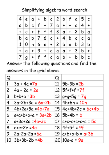 Simplifying Expressions; Low Ability Wordsearch