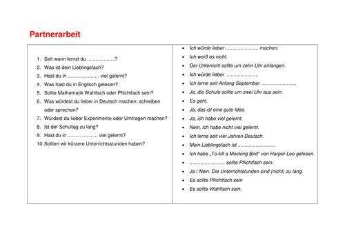 Partnerarbeit Der Unterricht Und Der Schultag Teaching Resources