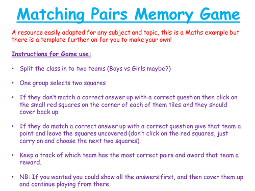 Math Matching Pairs Memory Game
