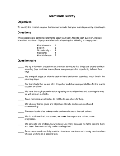 Tuckman Team Work Survey - Spreadsheet | Teaching Resources