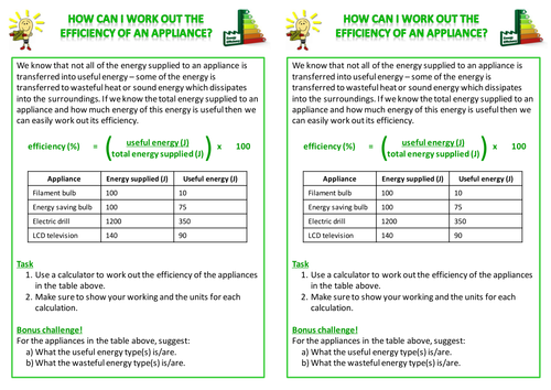 Energy consumption/efficiency - worksheet