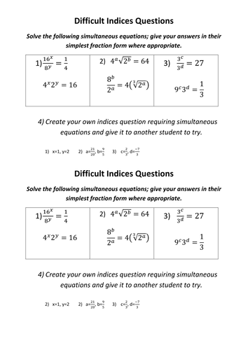Difficult Indices Q's - Simultaneous Equations