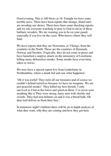The Vikings Yr5/6 news report Lindisfarne raids SB