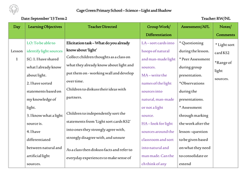 Year 3 Light Planning