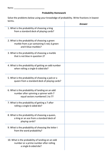 Basic probability worksheet | Teaching Resources