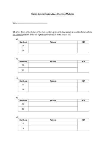 HCF & LCM worksheet