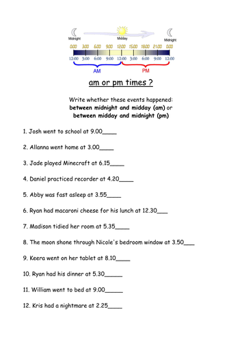 am or pm worksheet | Teaching Resources