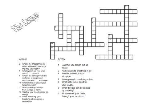The lungs and respiratory system crossword by carlfarrant88 - Teaching