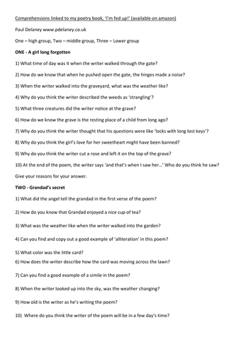 'I'm fed up!' poetry comprehensions