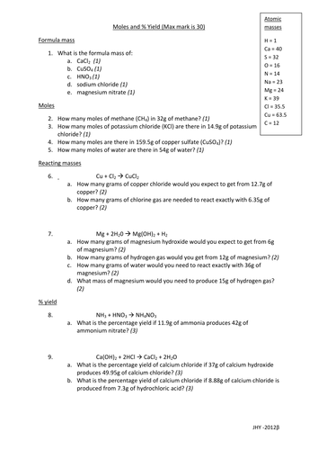 Moles and per centage yield questions | Teaching Resources