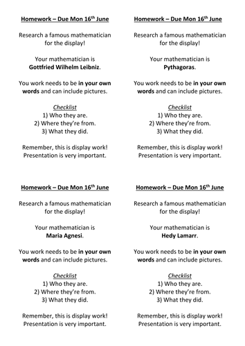 Famous Mathematician Homework Slips