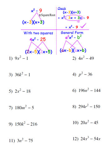 factoring worksheet difference of squares