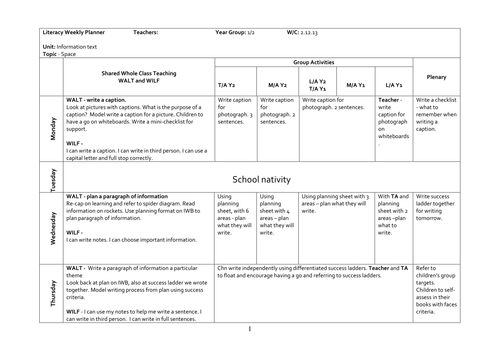 KS1 Year 1/2 Information Text planning Space | Teaching Resources