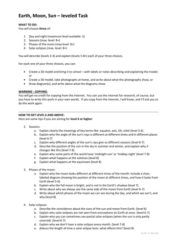 Day/Night, Seasons, Eclipses leveled task KS3