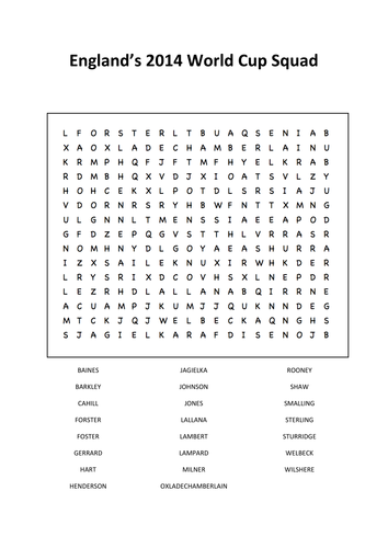 England's world cup squad wordsearch