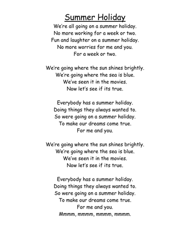 'Summer Holiday' lyrics sheet