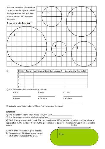 Area of a Circle: Further Questions Worksheet by swaller25 - Teaching