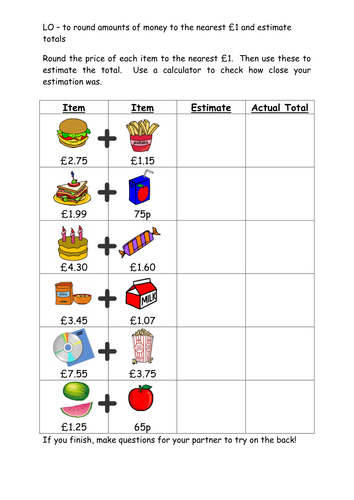 rounding money to estimate totals teaching resources